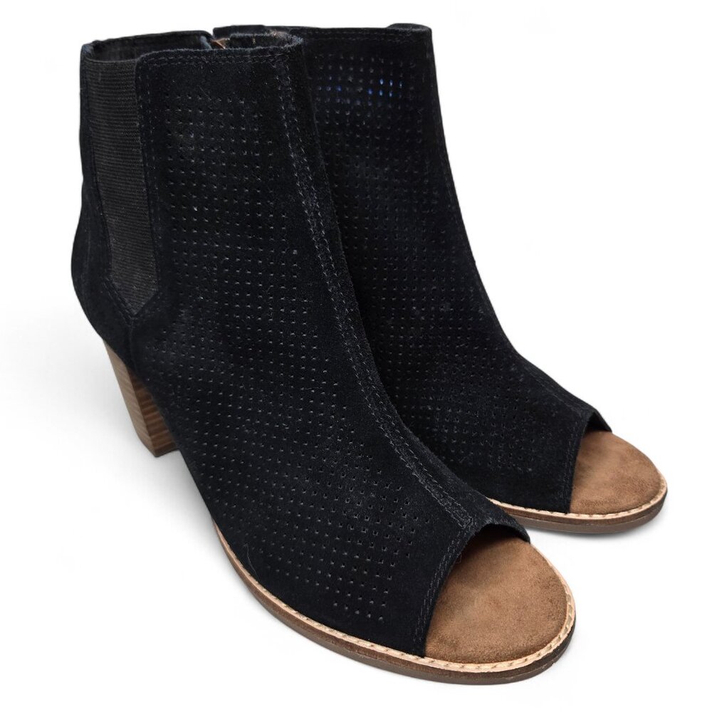 Toms Majorca Black‎ Suede Open Toe Bootie Heels 10